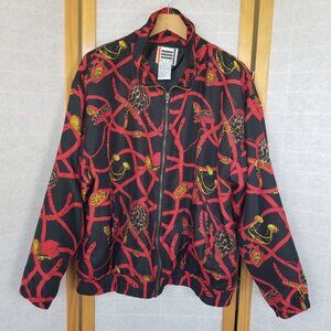 Silk Bomber Jacket Equestrian Print Black and Red Size Large Zip Up